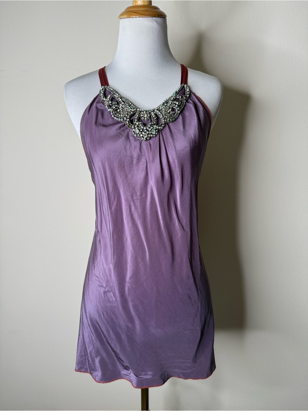 Rozae Nichols Vintage Y2K Purple Silk Rhinestone Embellished Tank